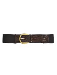 Elastic croc-effect leather belt with round buckle 