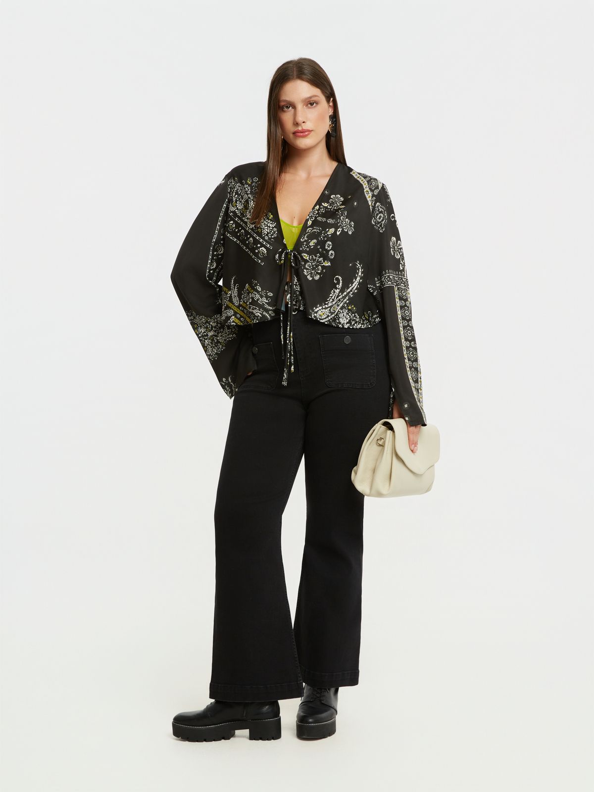 Printed cropped tie blouse
