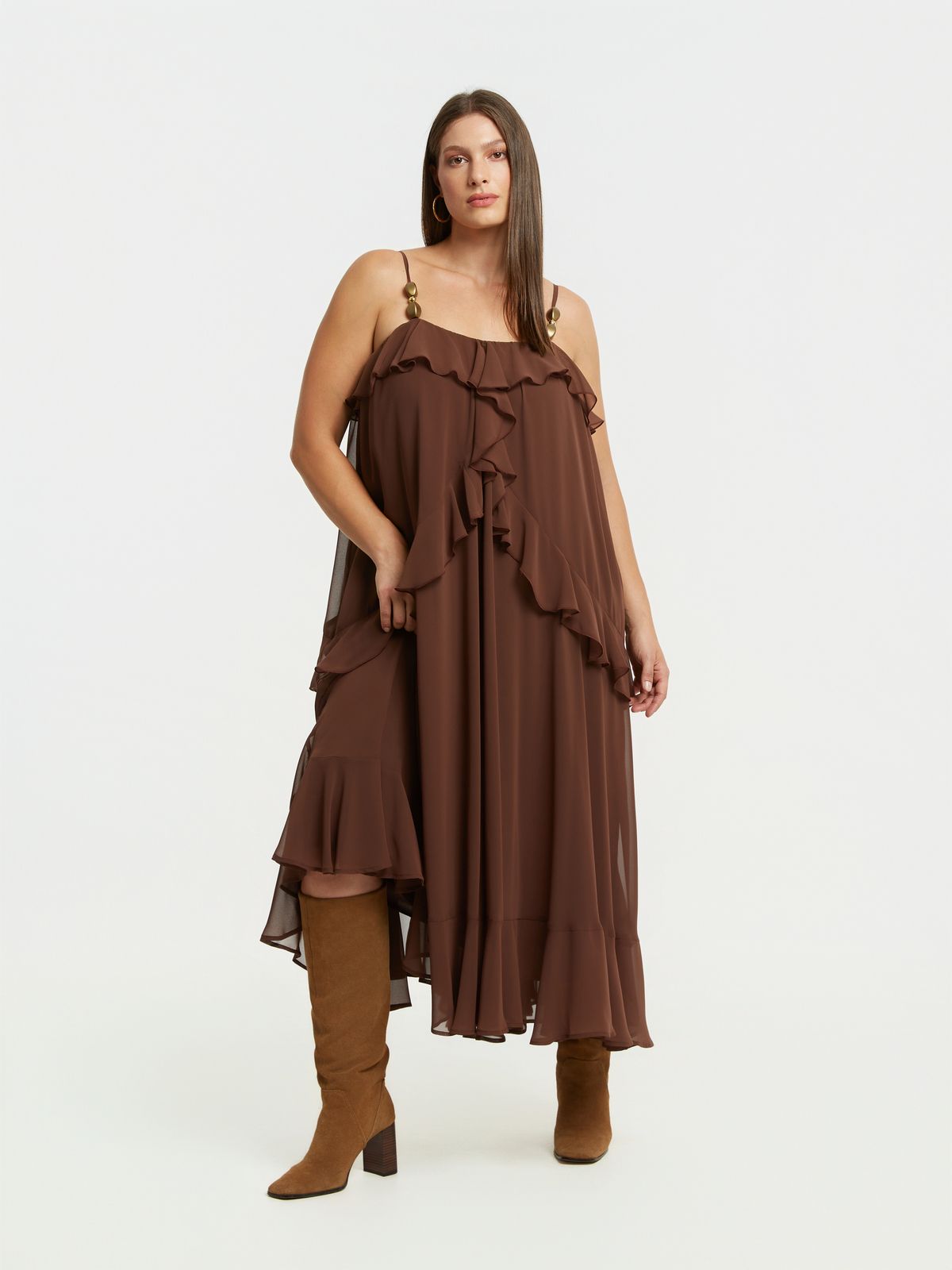Ruffled chiffon maxi dress with pearl straps
