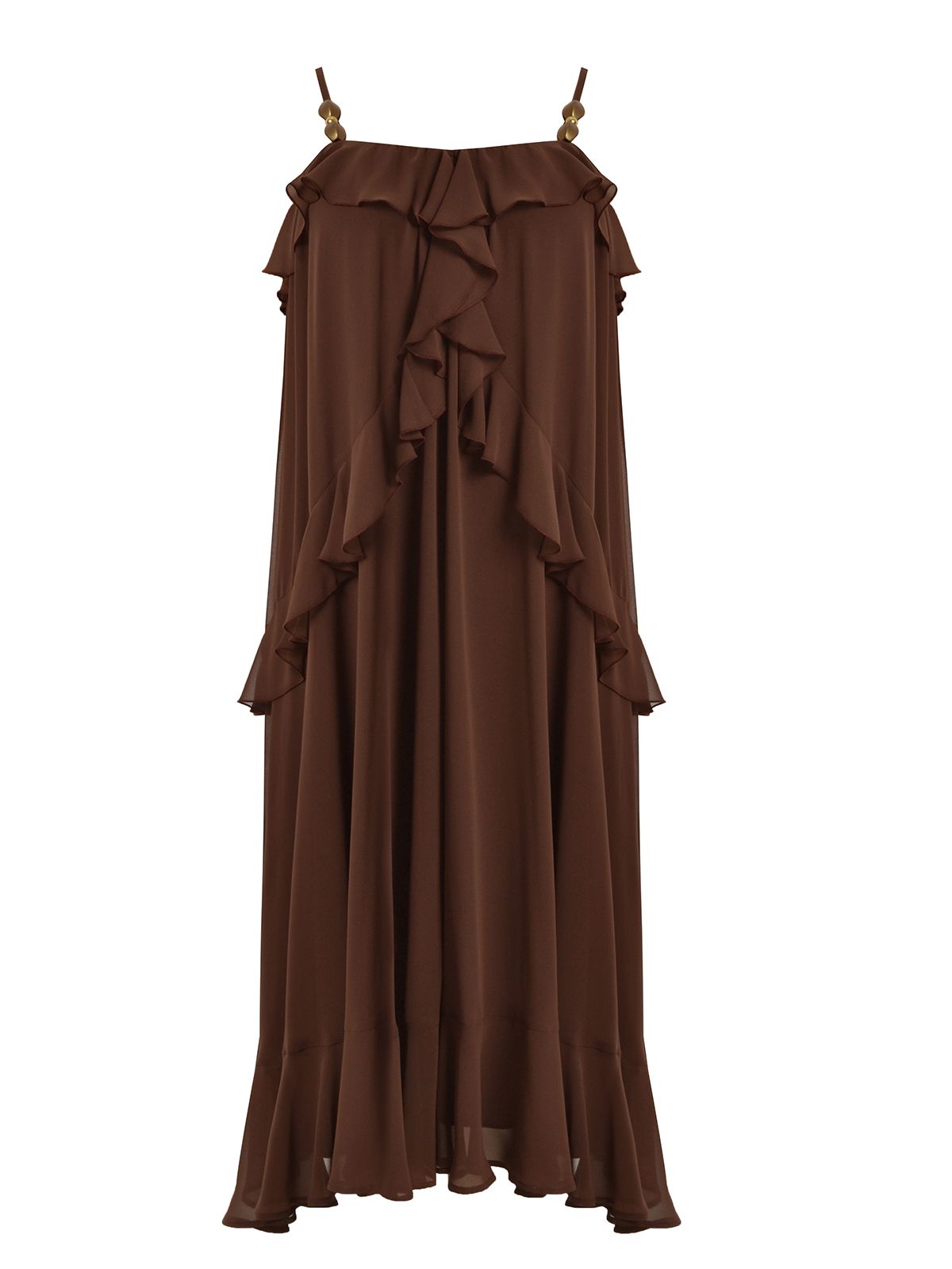 Mat Fashion Maxi φόρεμα με βολάν και τιράντες με πέρλες Καφε