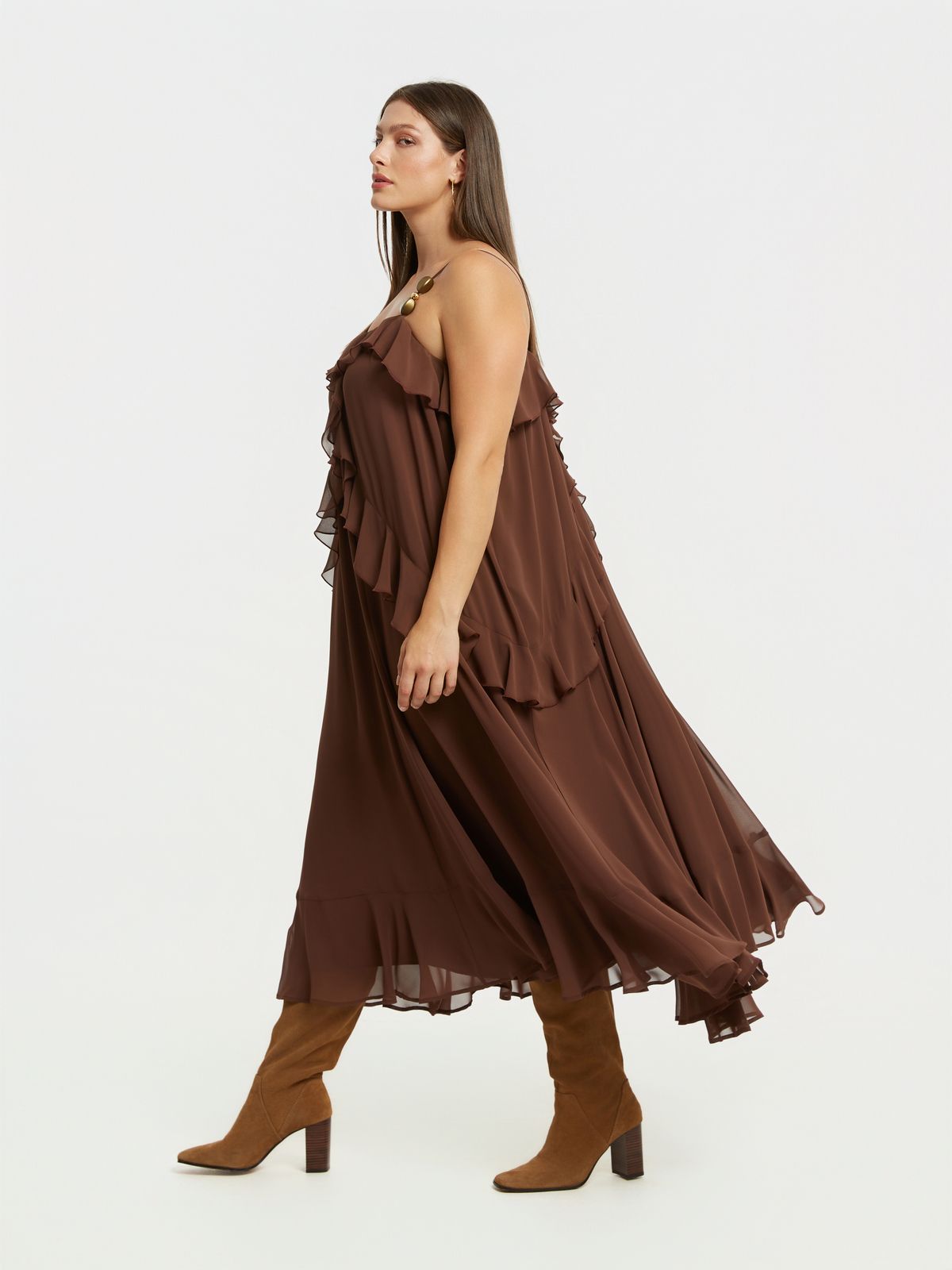 Ruffled chiffon maxi dress with pearl straps