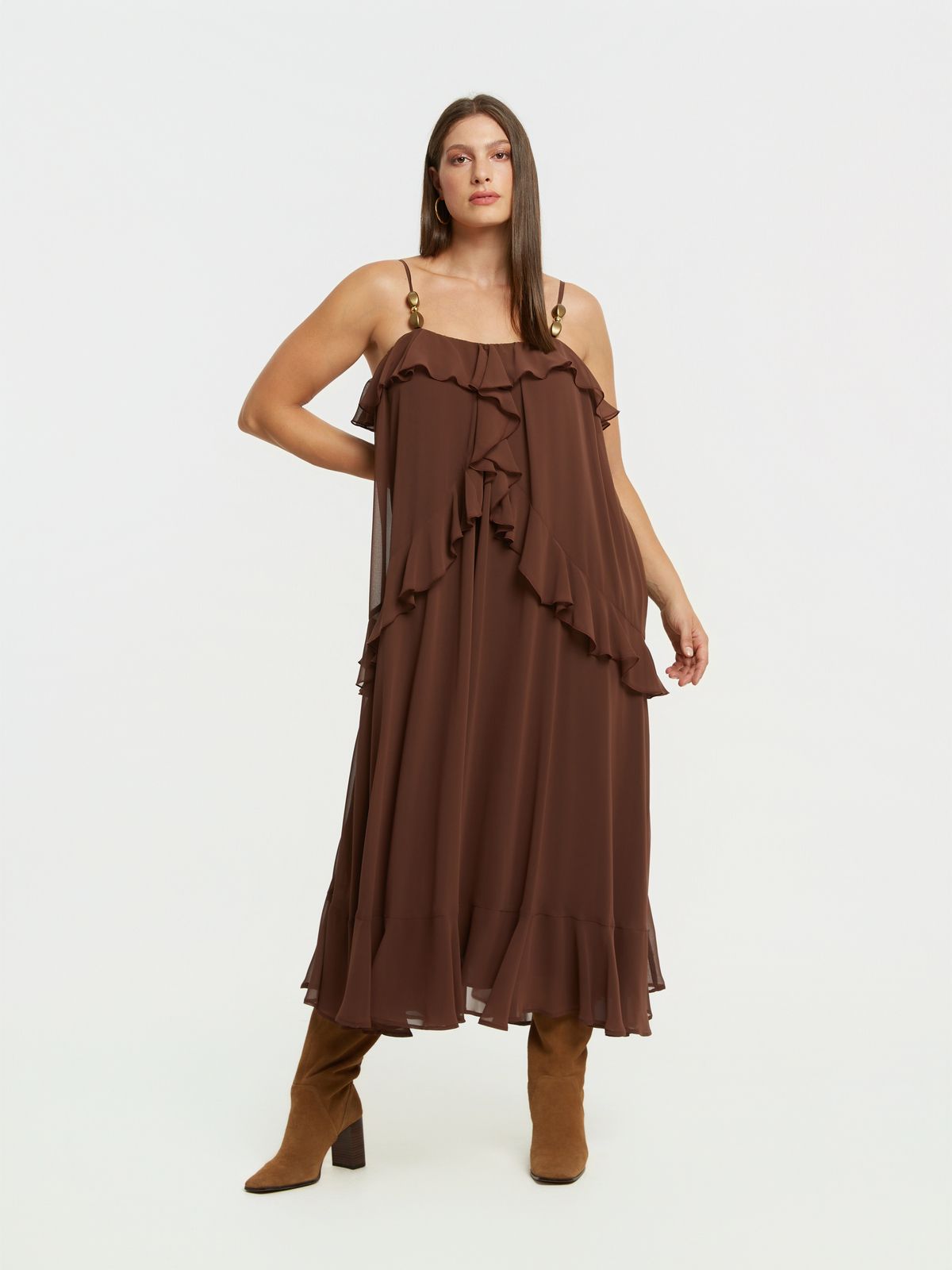 Ruffled chiffon maxi dress with pearl straps