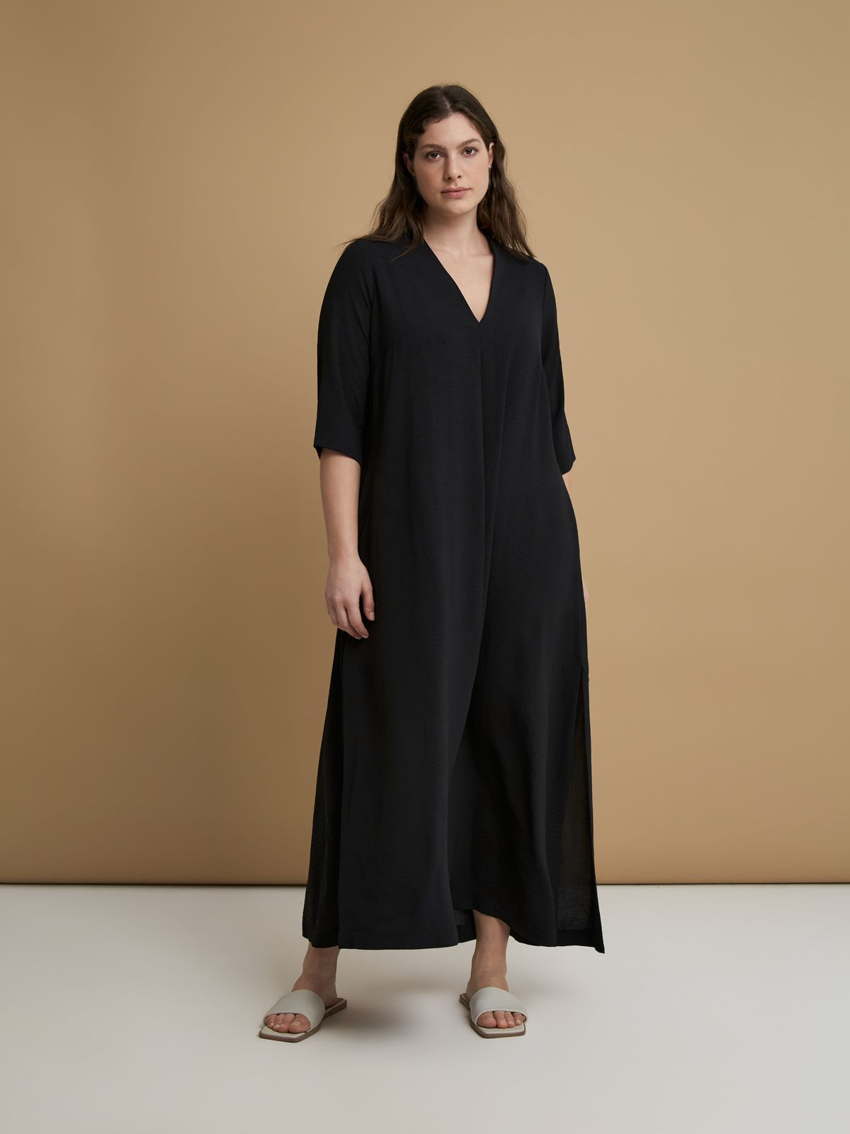 Mat Fashion Maxi φόρεμα V κρεπ airwashed  Μαυρο