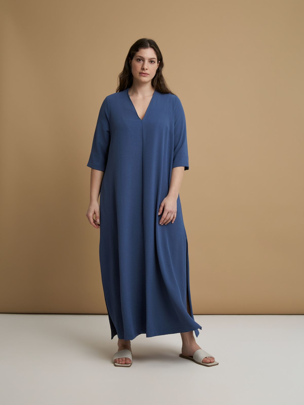 Mat Fashion Maxi φόρεμα V κρεπ airwashed  Μπλε