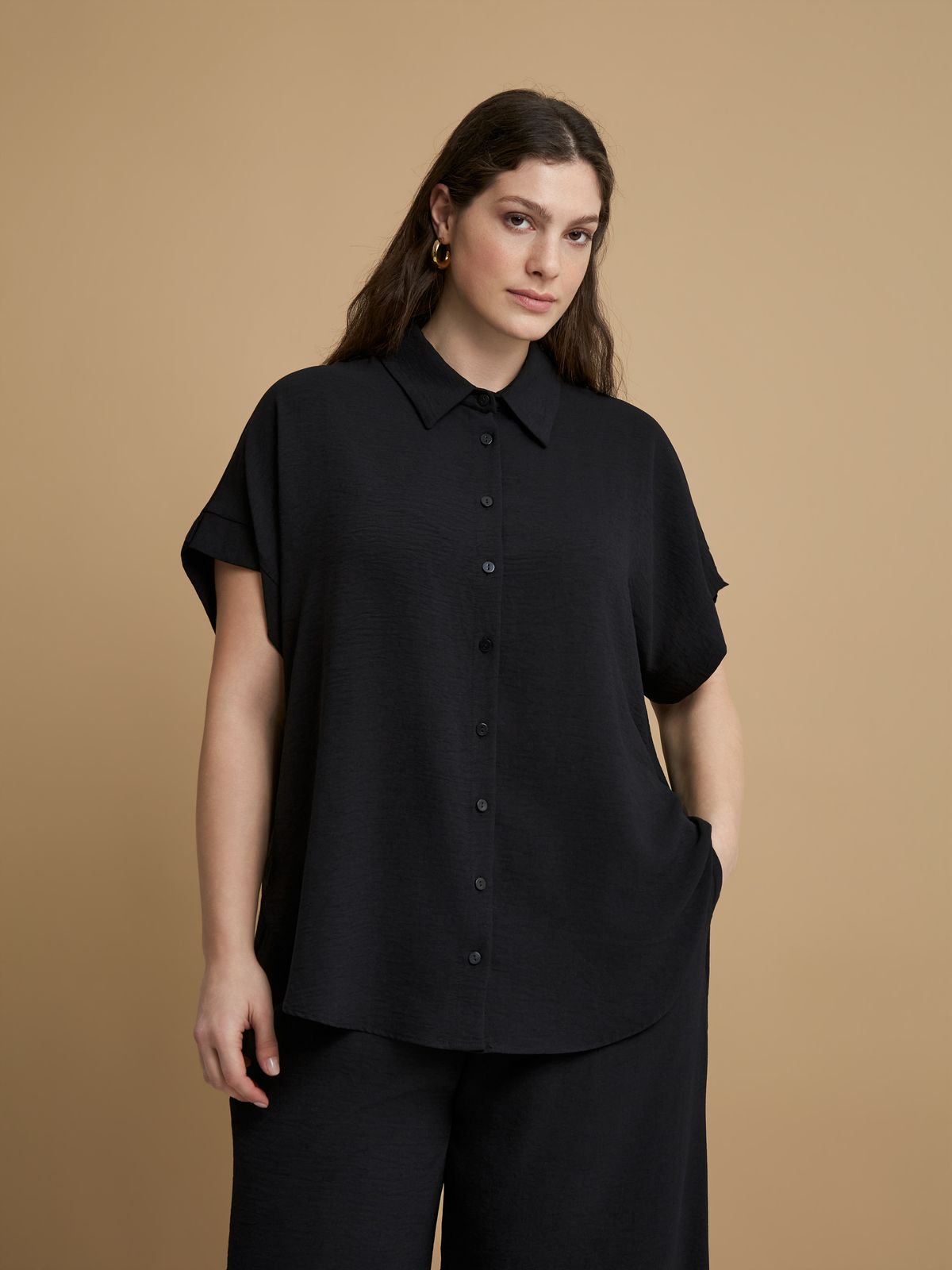 Mat Fashion Πουκάμισο κρεπ airwashed με στρογγυλό τελείωμα Μαυρο