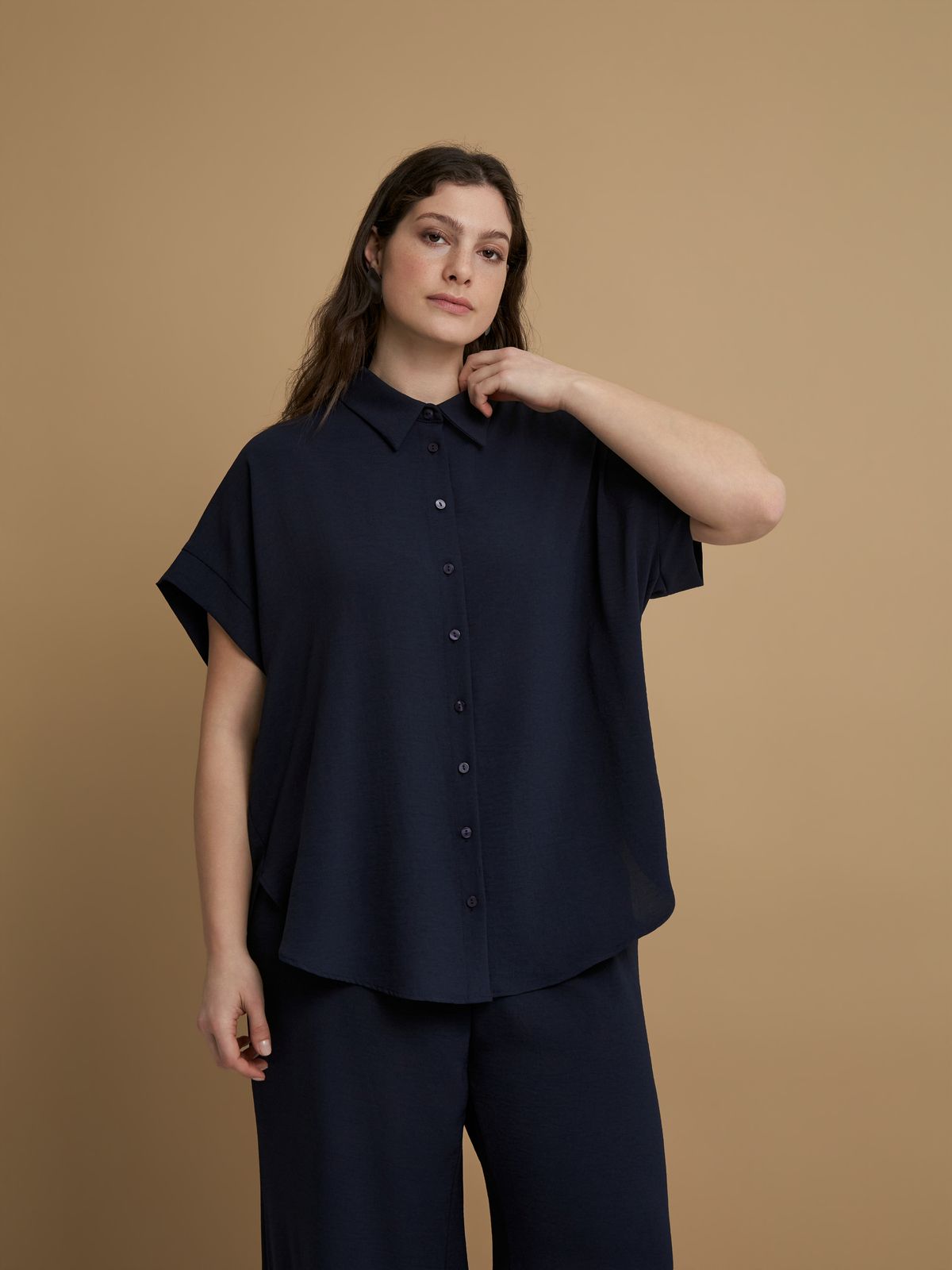 Mat Fashion Πουκάμισο κρεπ airwashed με στρογγυλό τελείωμα Μπλε