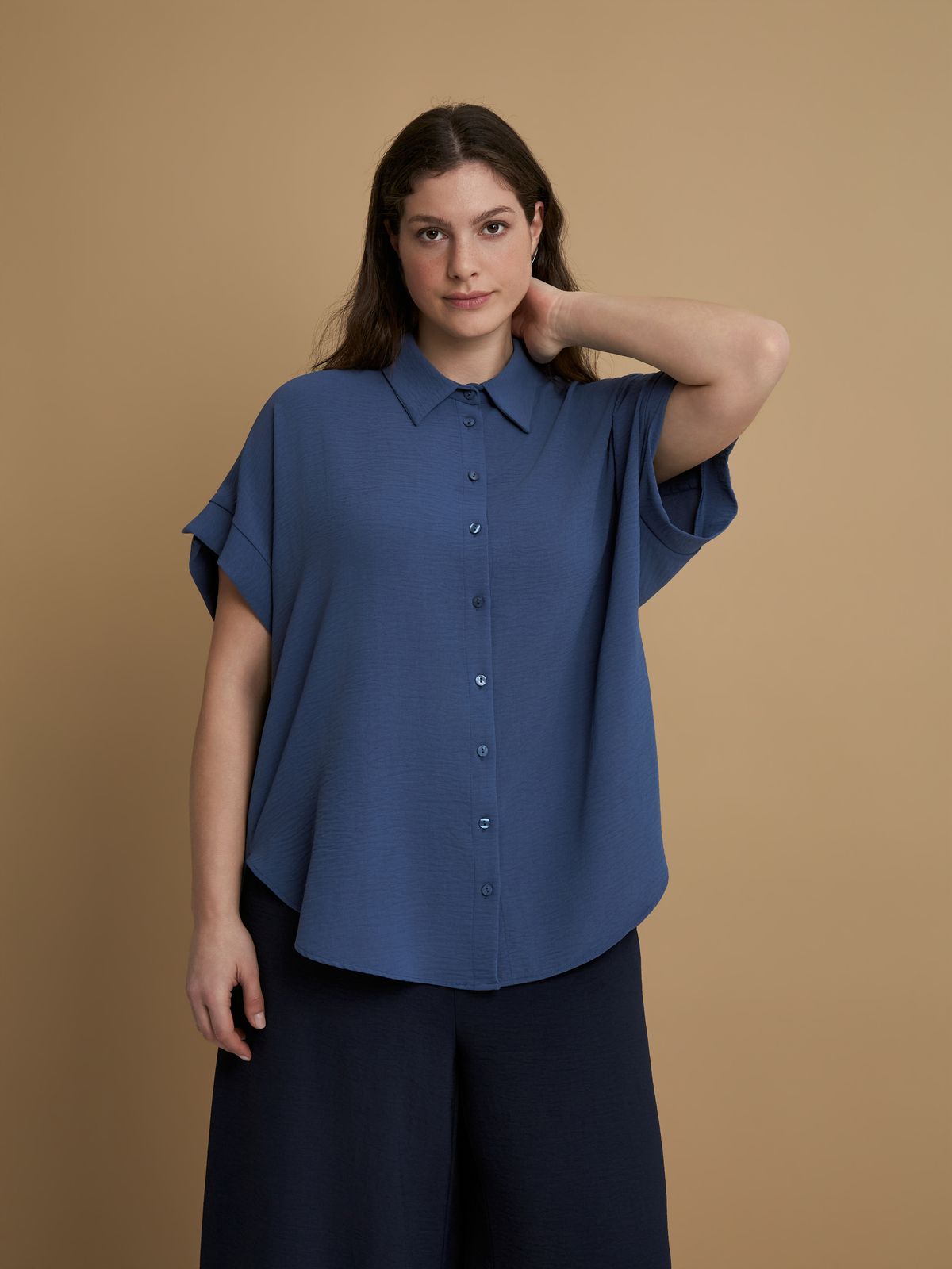 Mat Fashion Πουκάμισο κρεπ airwashed με στρογγυλό τελείωμα Μπλε