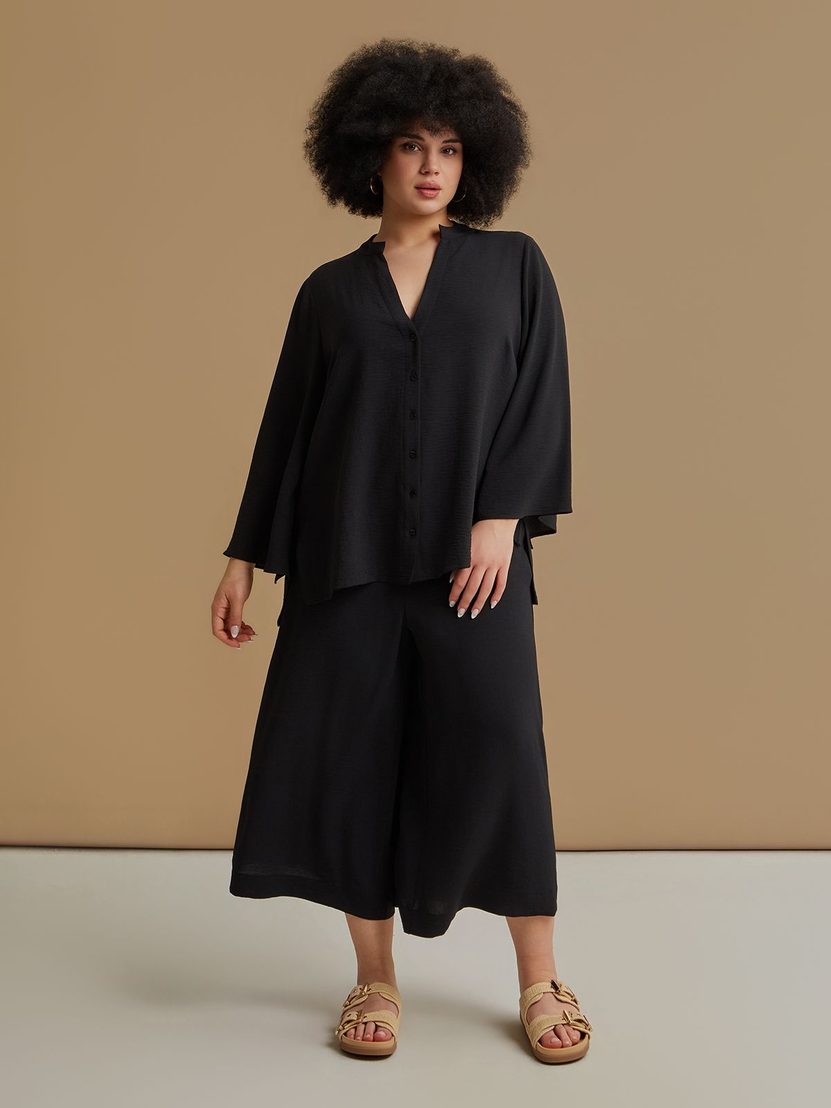 Mat Fashion Πουκάμισο κρεπ airwashed με V-λαιμόκοψη Μαυρο