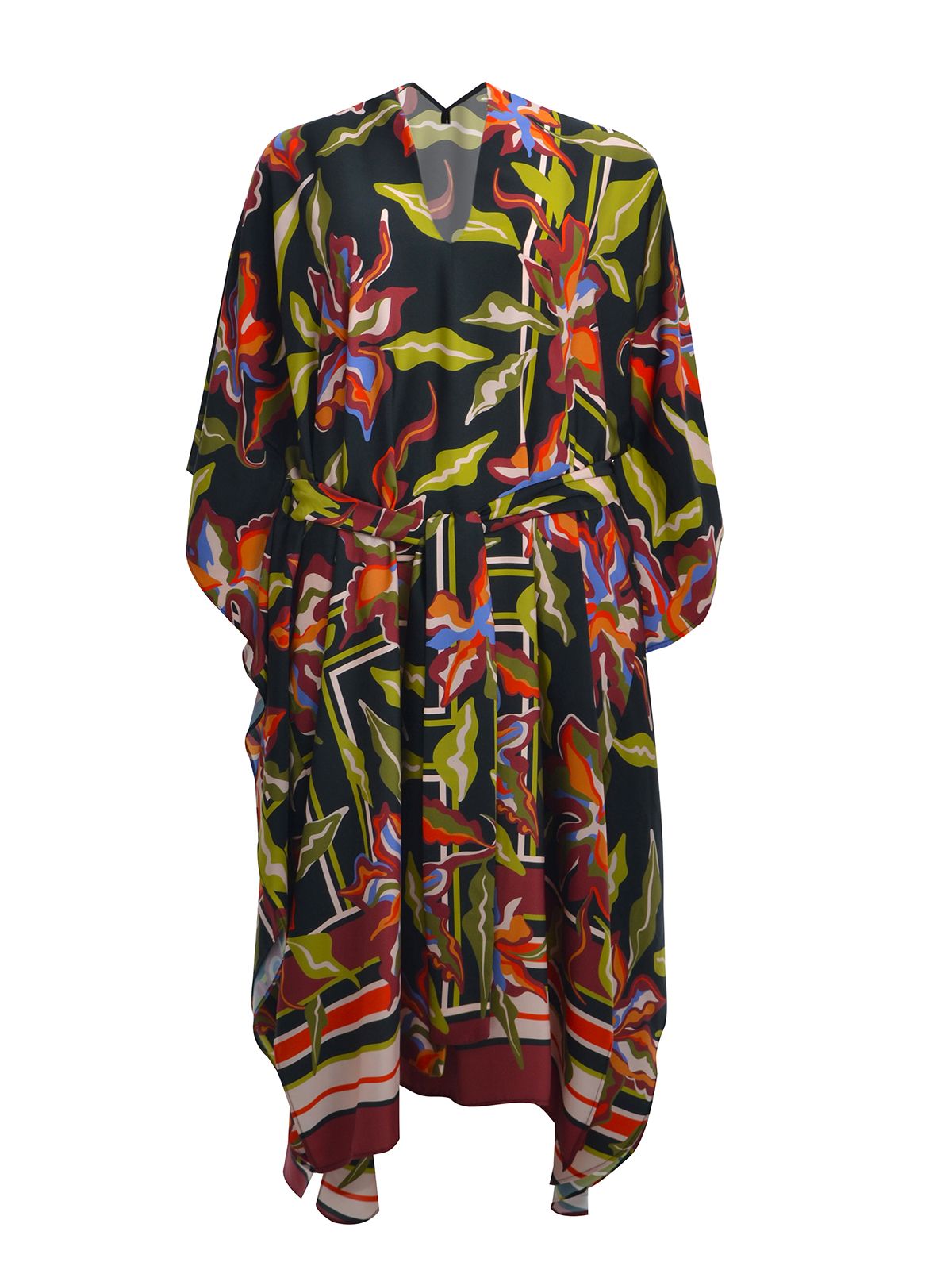 Mat Fashion Φόρεμα καφτάνι με ζώνη και tropical μοτίβο Μαυρο, Φλοραλ