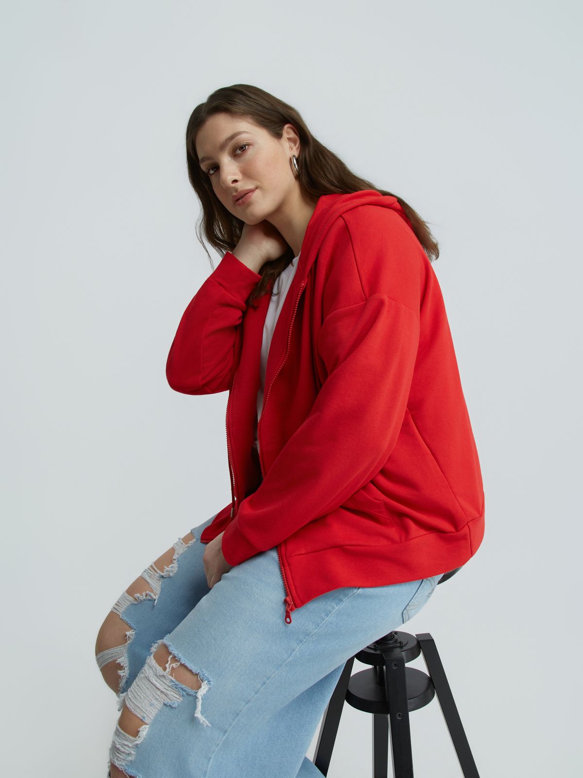 Cotton-blend sweat hooded zip jacket