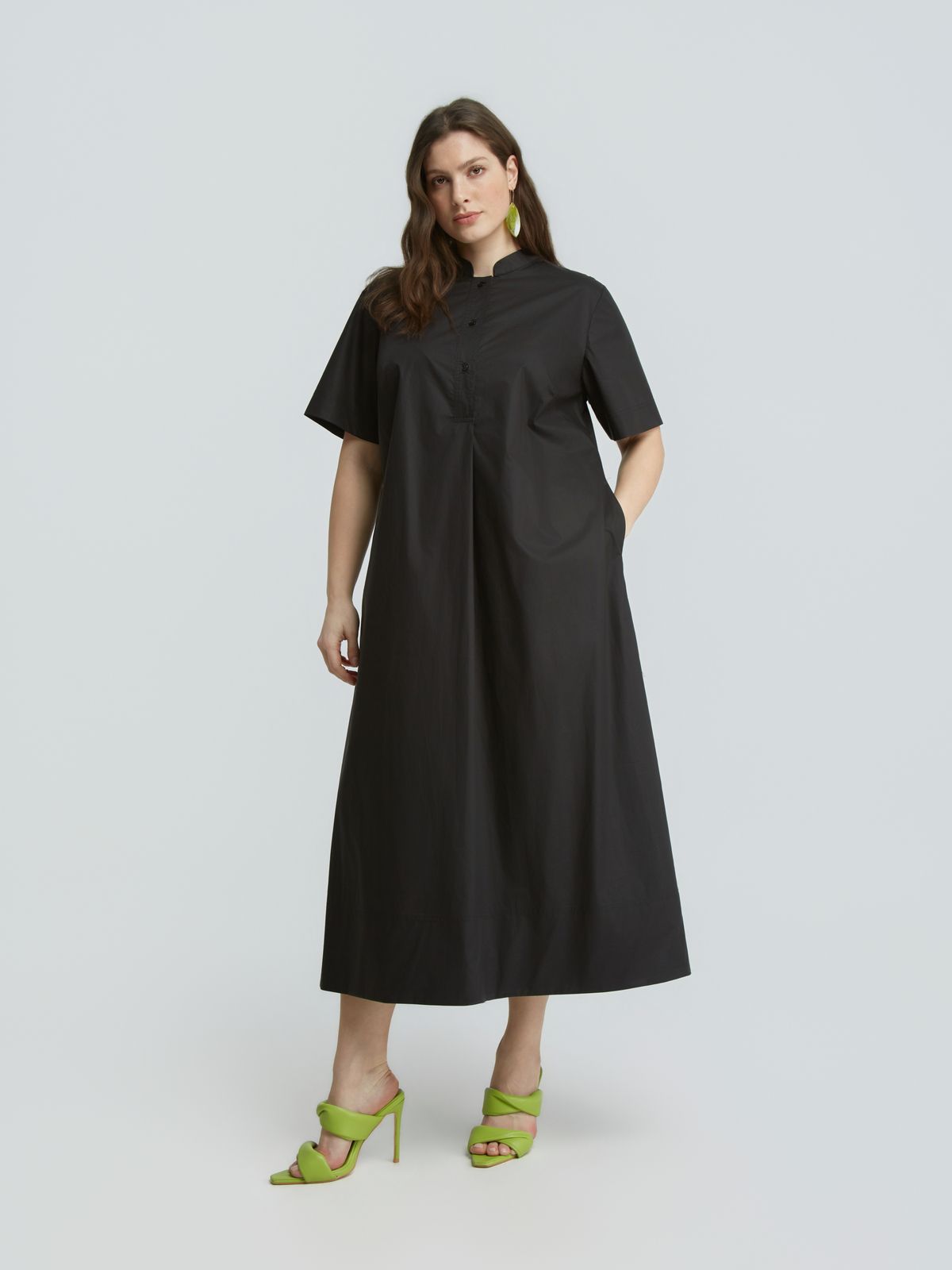 Cotton shirt dress with mandarin collar