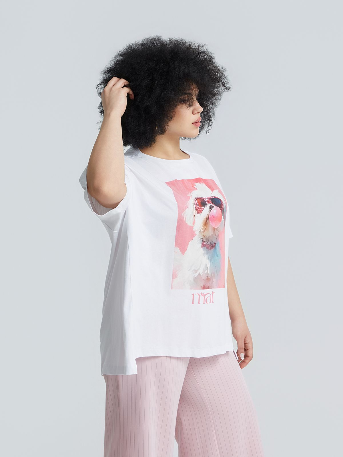 Cotton t-shirt with chewing gum dog print & strass
