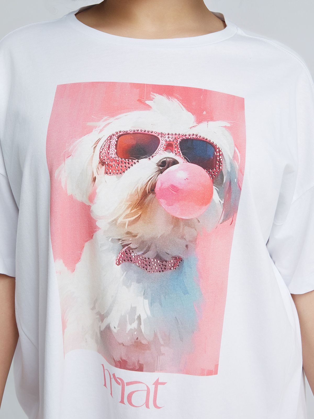 Cotton t-shirt with chewing gum dog print & strass