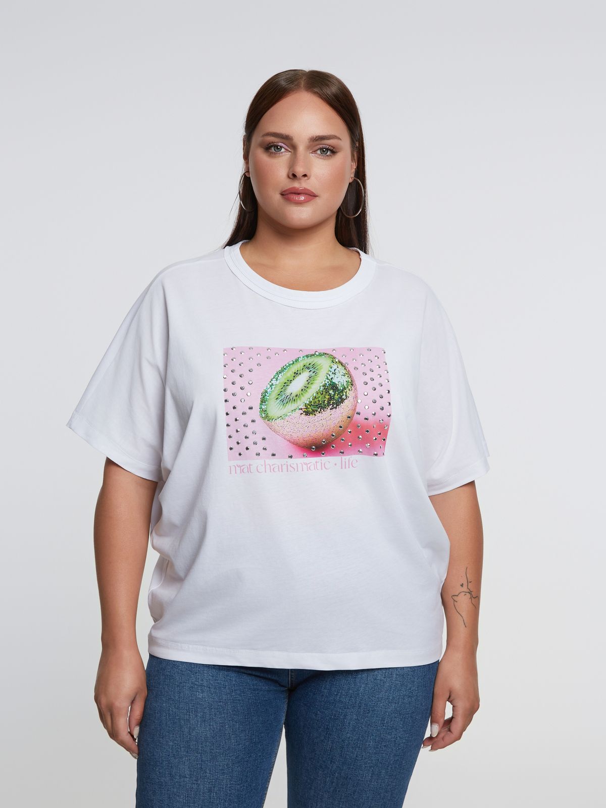 Mat Fashion Βαμβακερή μπλούζα t-shirt με στάμπα kiwi Λευκο