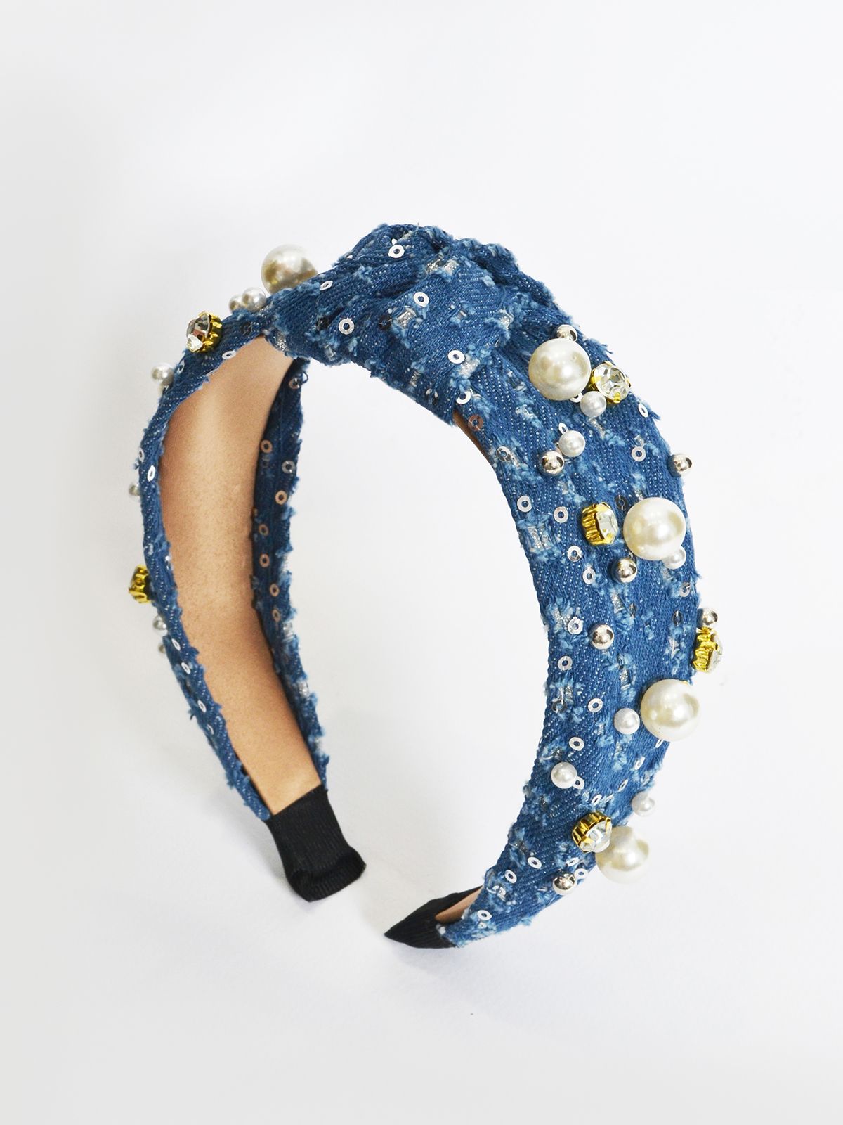 Mat Fashion Στέκα τζιν με πέρλες και παγιέτες Μπλε
