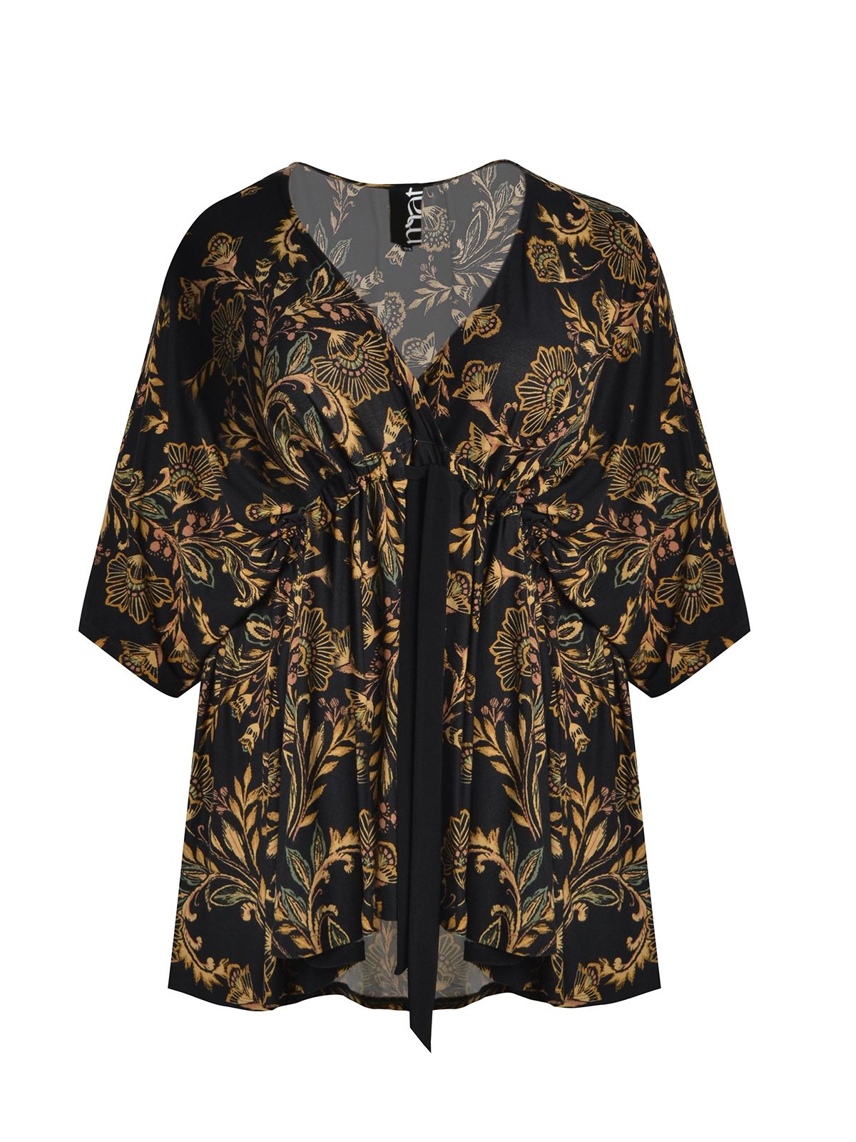 Mat Fashion Μπλούζα με floral print και δέσιμο στη μέση Μαυρο, Κιτρινο, Φλοραλ