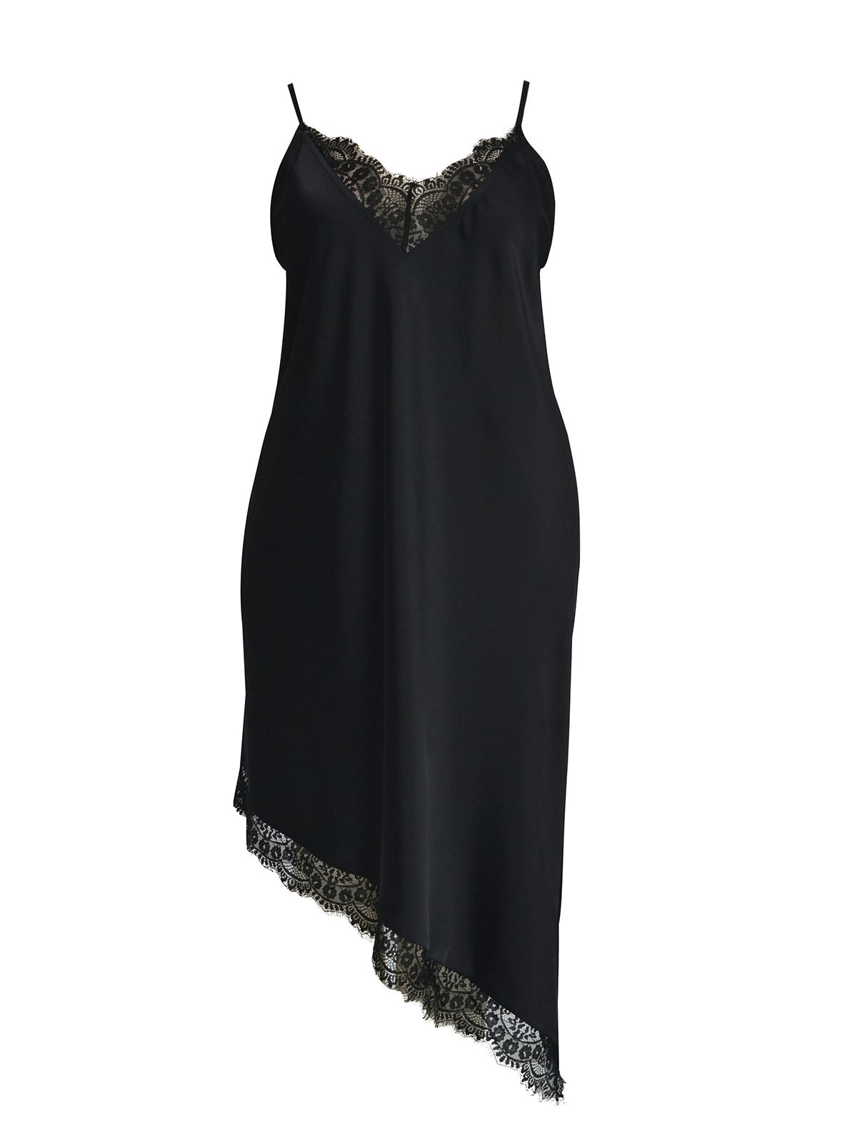 Mat Fashion Ασύμμετρο σατέν φόρεμα με δαντελένια λεπτομέρεια Μαυρο