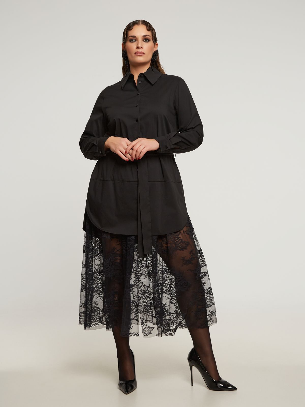 Cotton belted shirt-dress with lace hem