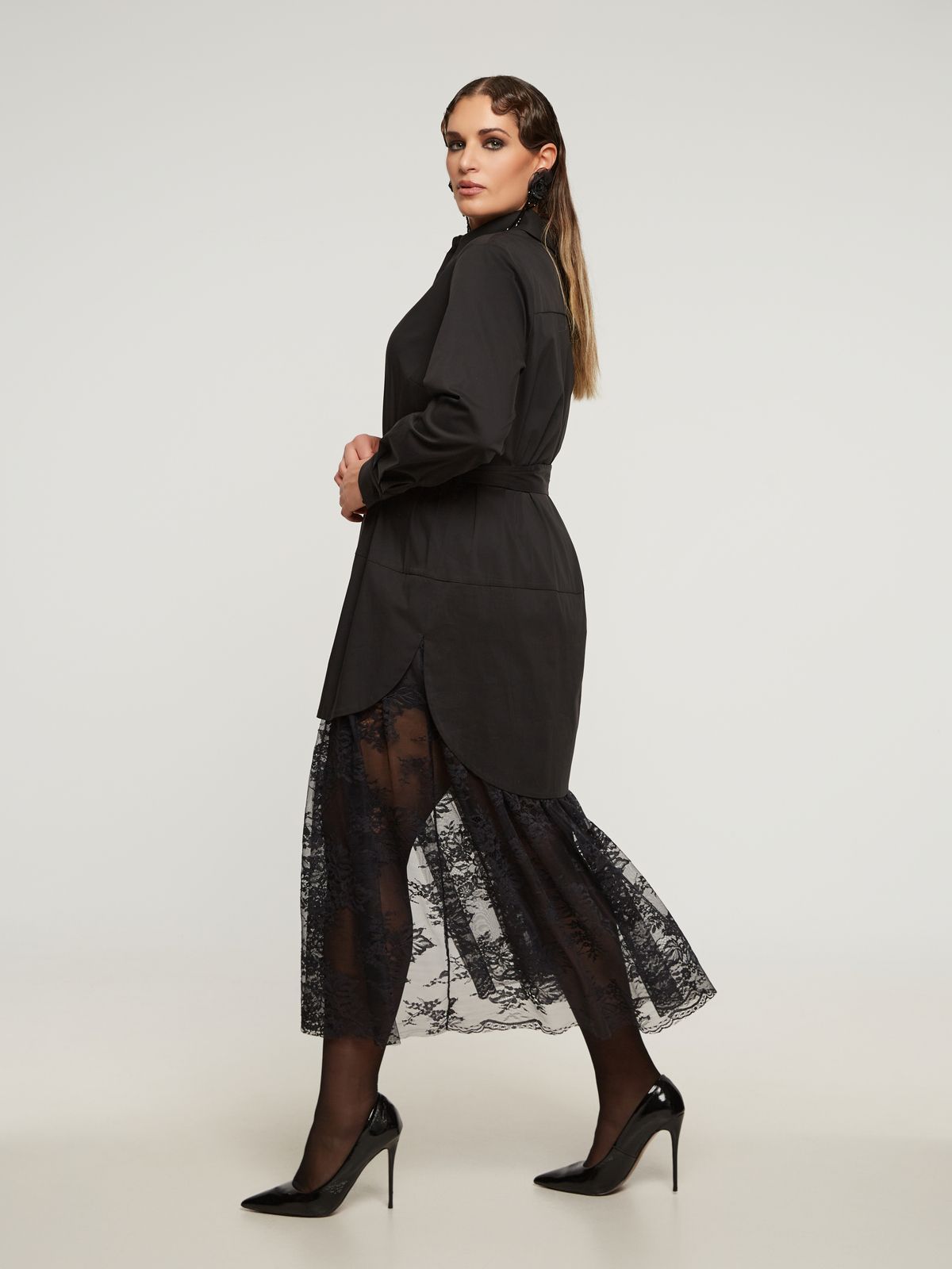 Cotton belted shirt-dress with lace hem