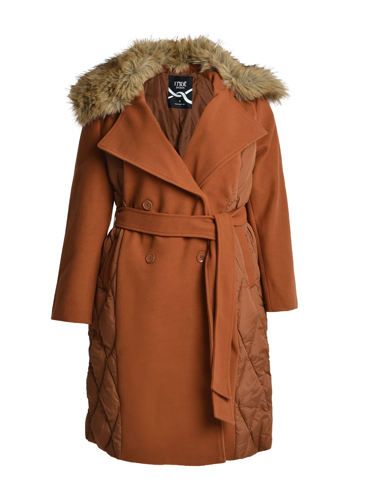 Mat Fashion Μακρύ καπιτονέ παλτό με faux fur γιακά & ζώνη Καφε