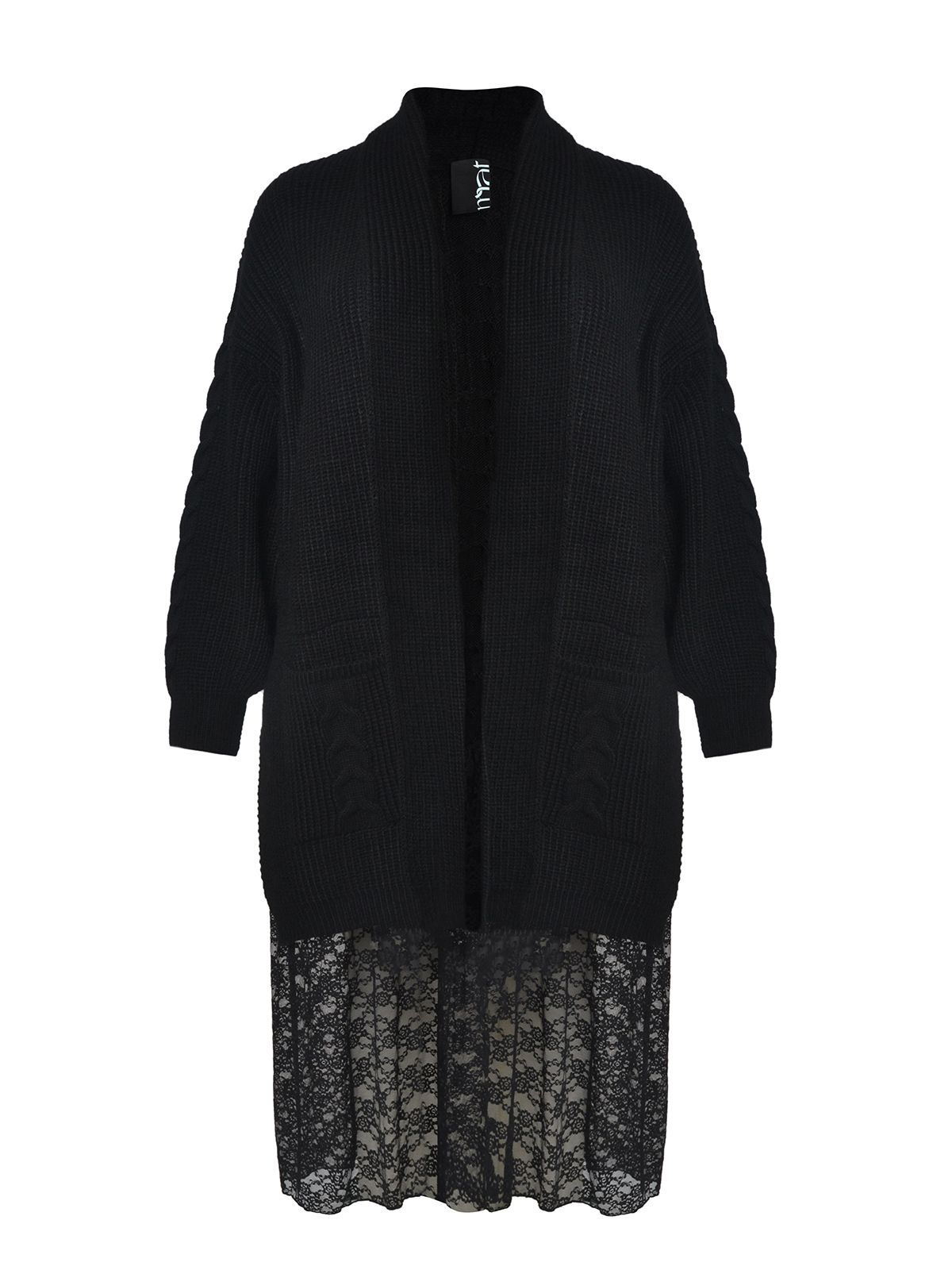 Mat Fashion Μακριά πλεκτή ζακέτα με δαντελένιο τελείωμα Μαυρο