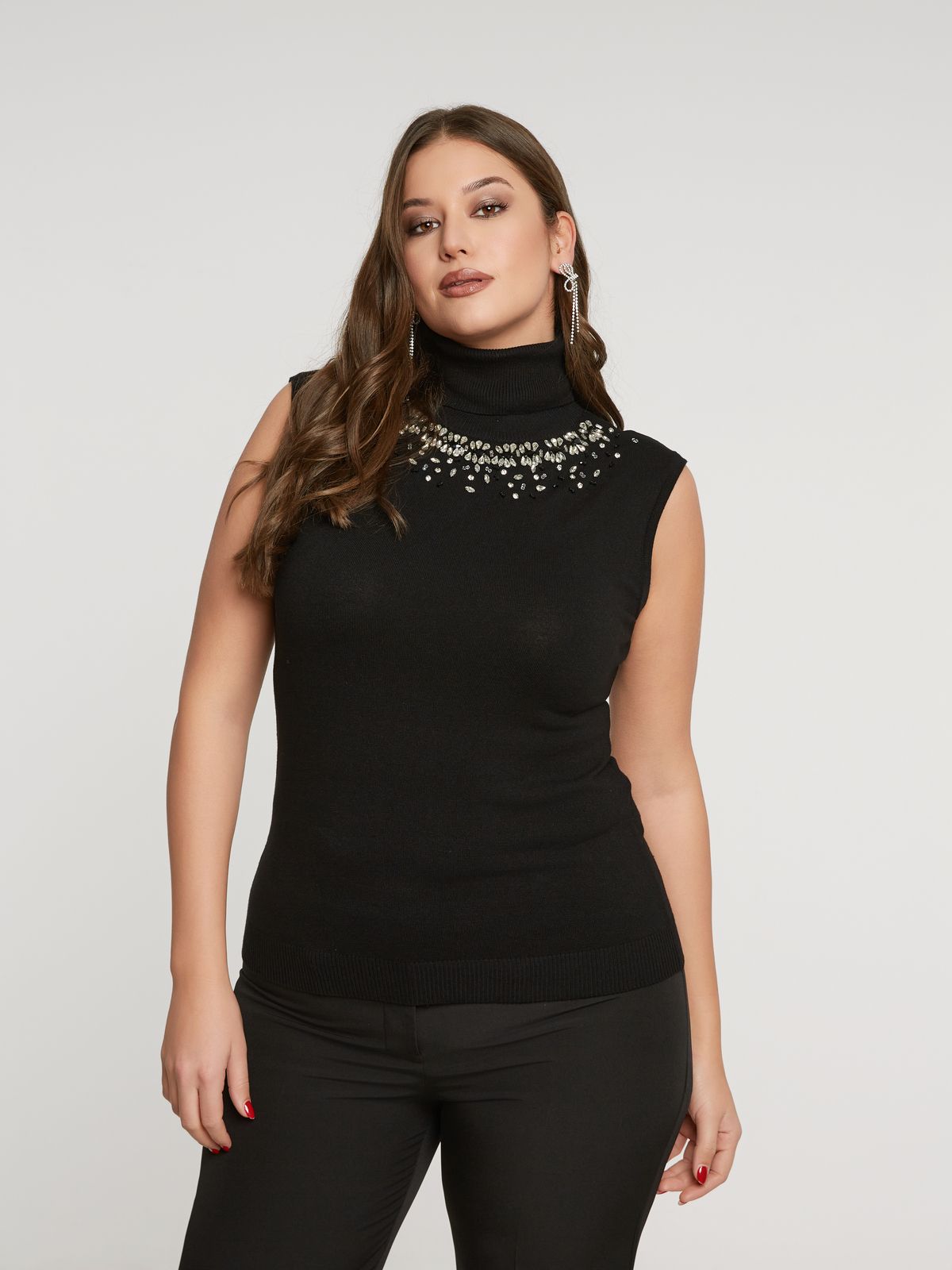 Sleeveless knit top with embellished neckline