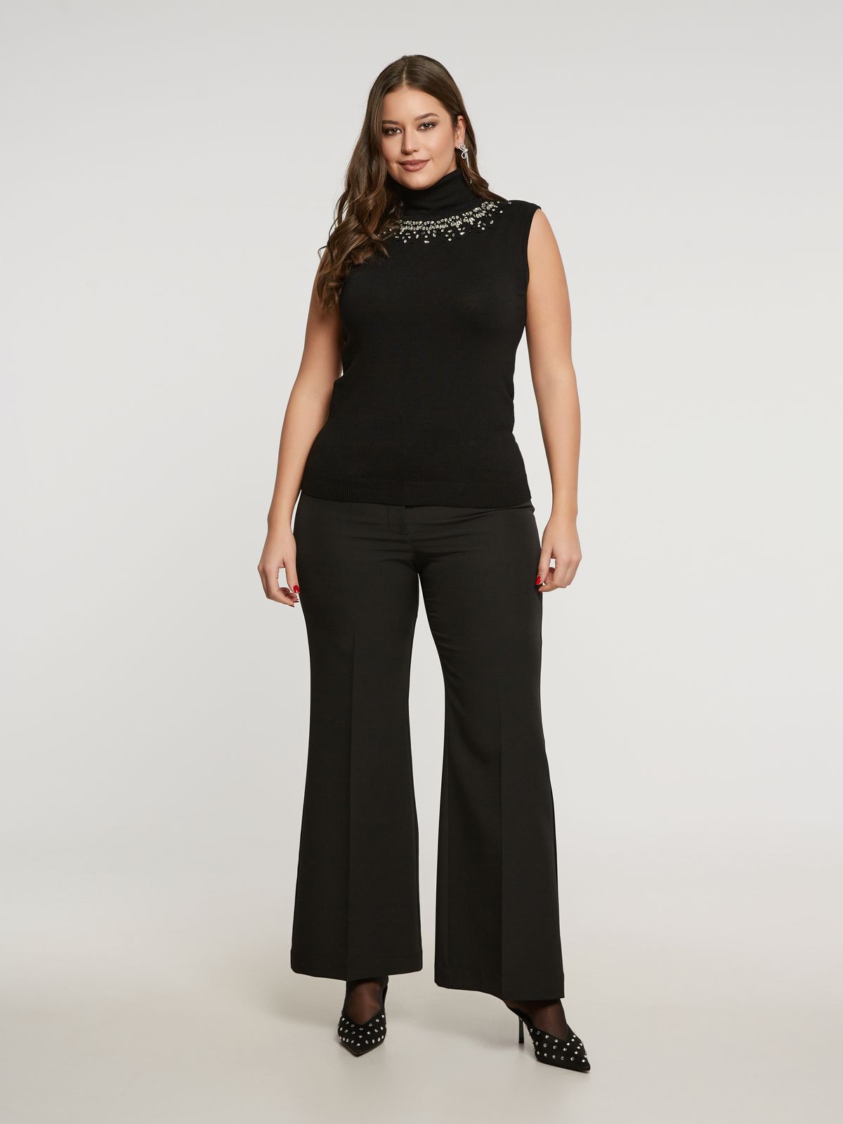 Sleeveless knit top with embellished neckline