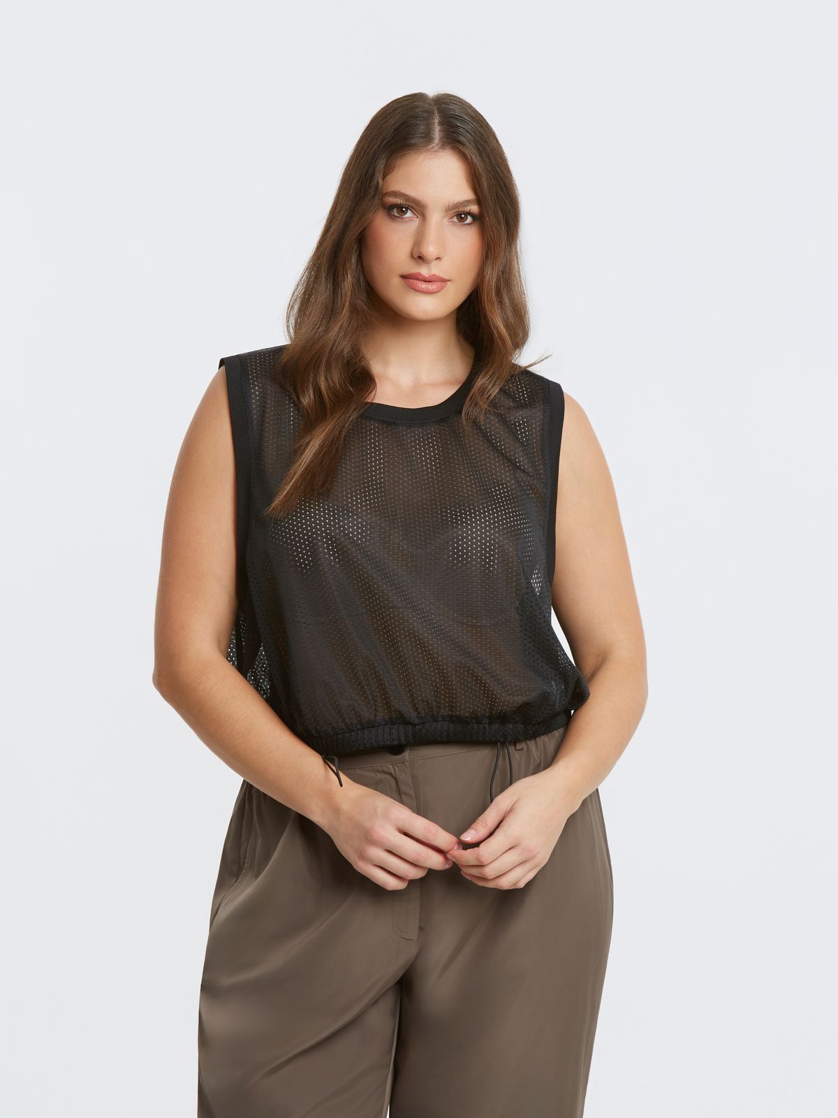 Mesh sleeveless top with adjustable drawstring hem