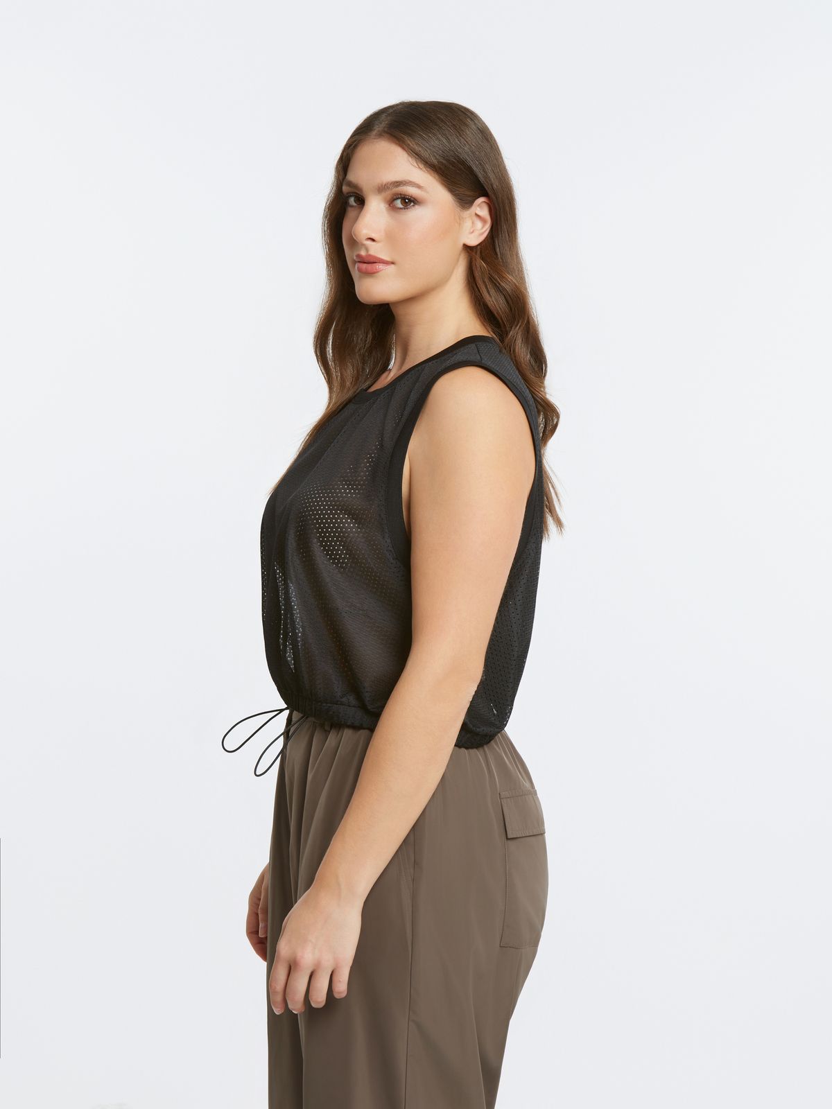 Mesh sleeveless top with adjustable drawstring hem