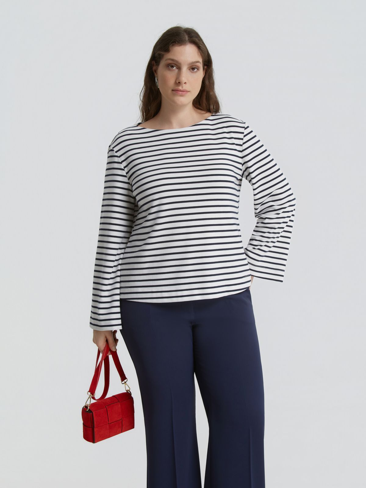 Striped boat neck blouse with flared sleeves