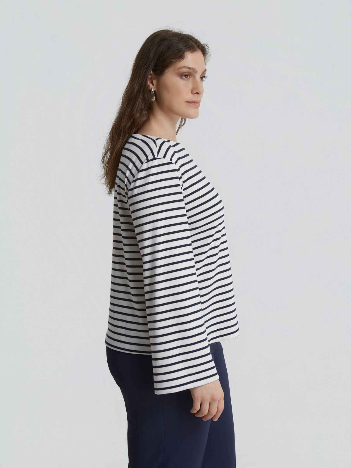 Striped boat neck blouse with flared sleeves