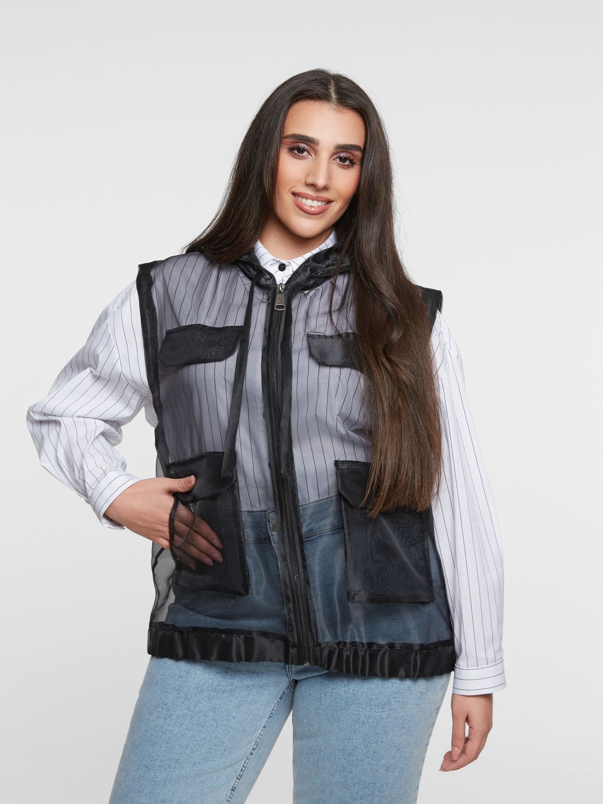 Mat Fashion Γιλέκο organza με κουκούλα Μαυρο