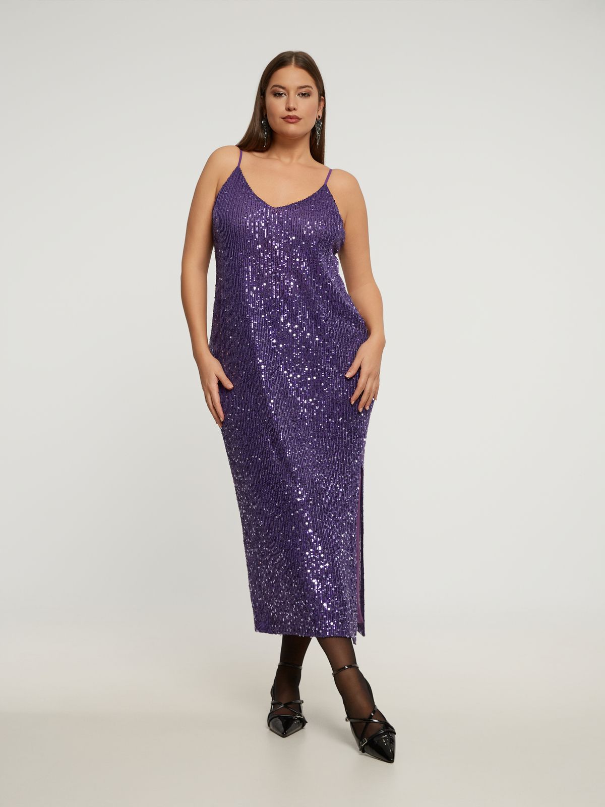 Mat Fashion Midi φόρεμα με παγιέτες και λεπτές τιράντες Μωβ