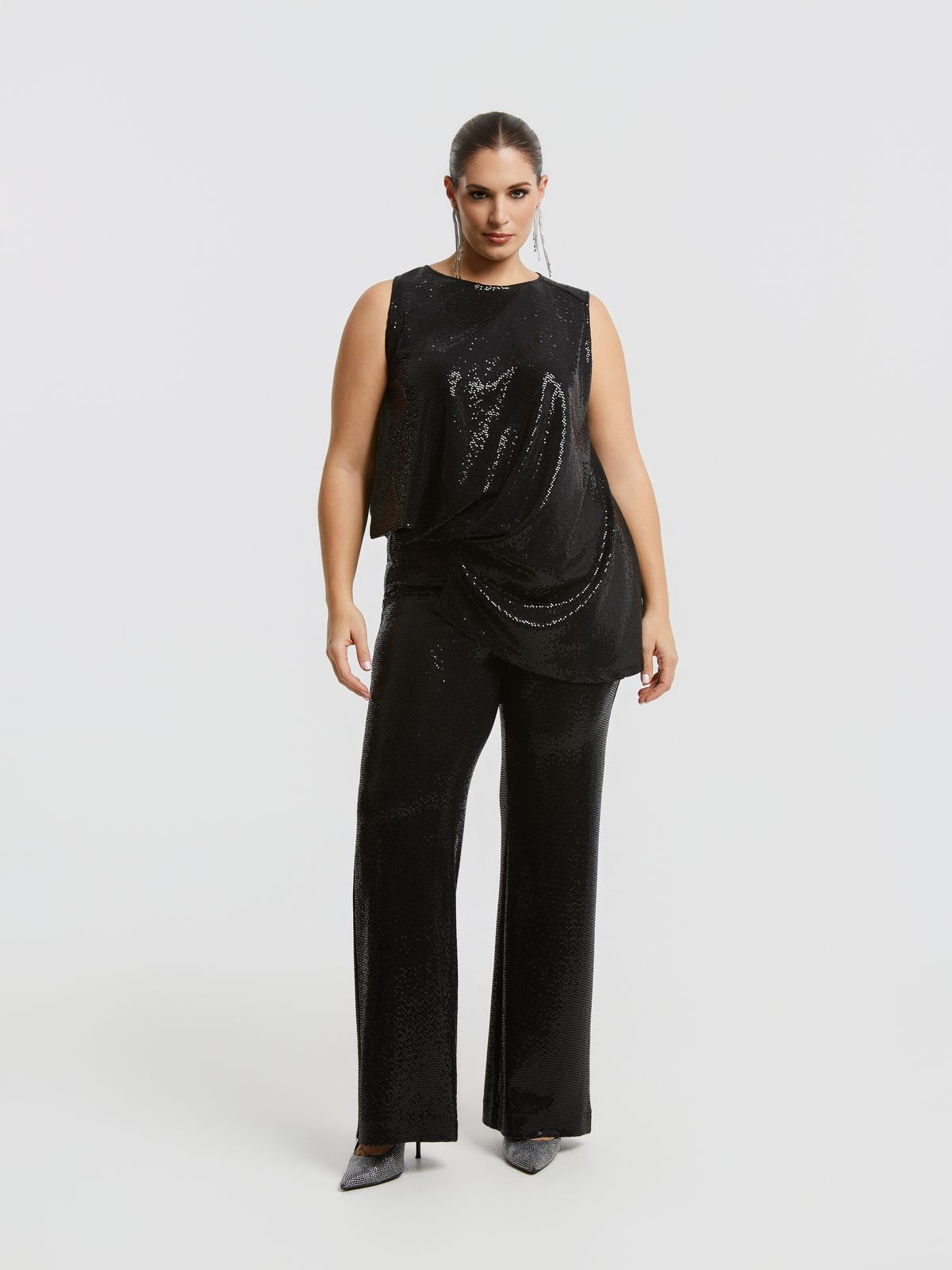 Sequin-draped asymmetric sleeveless top
