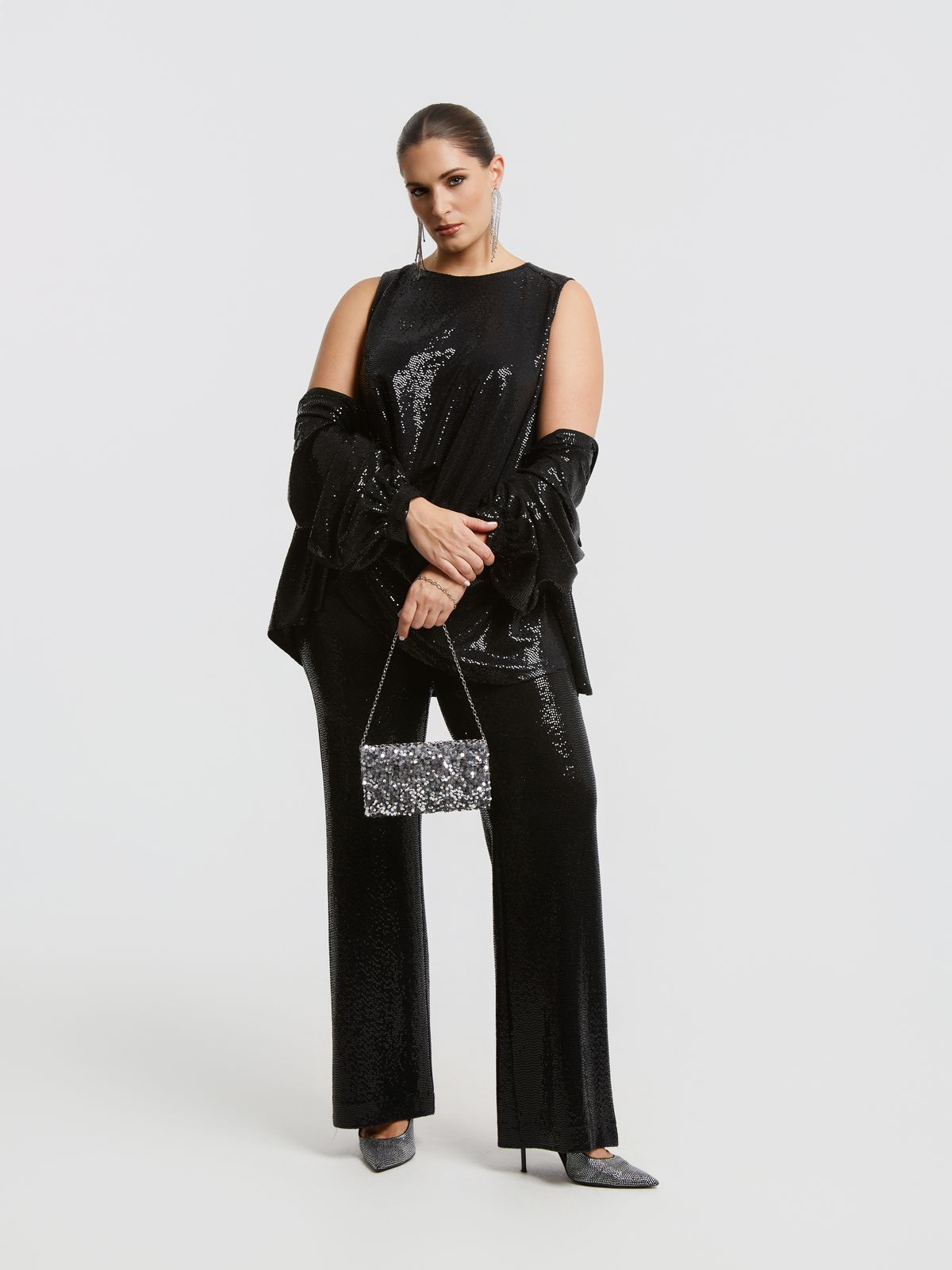 Sequin-draped asymmetric sleeveless top
