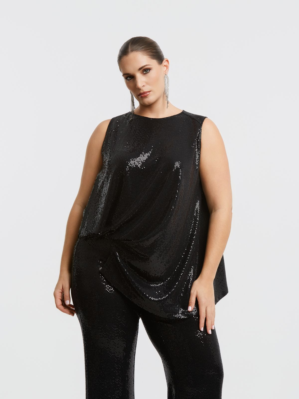 Sequin-draped asymmetric sleeveless top
