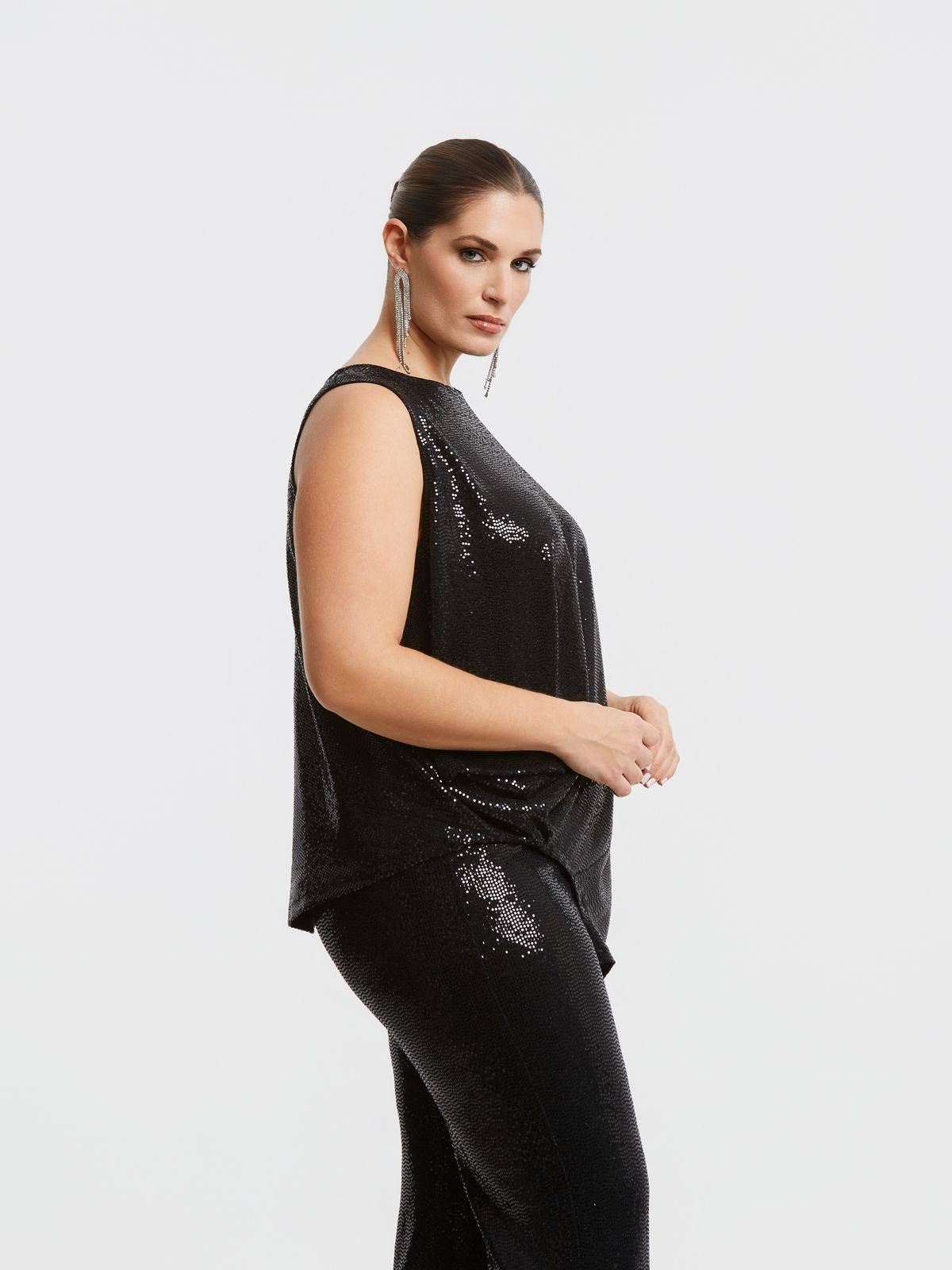 Sequin-draped asymmetric sleeveless top