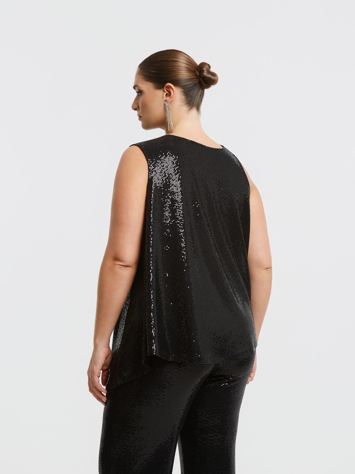 Sequin-draped asymmetric sleeveless top