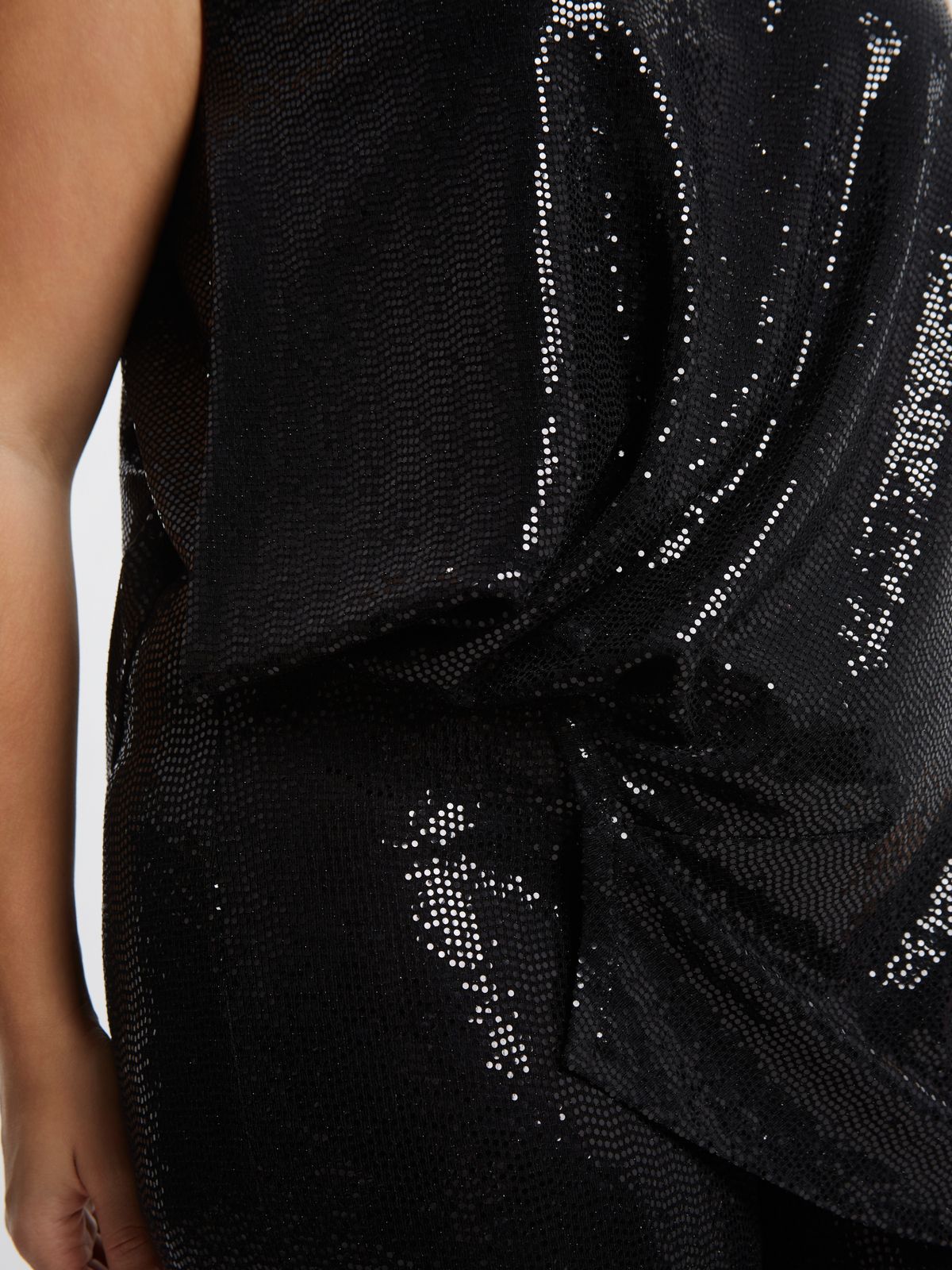 Sequin-draped asymmetric sleeveless top