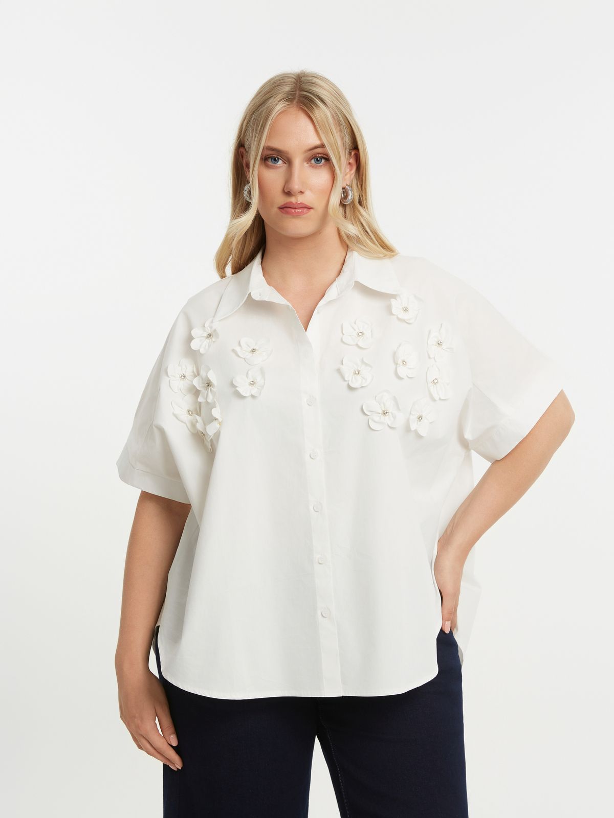 Short-sleeve embroidered cotton shirt with cutwork details