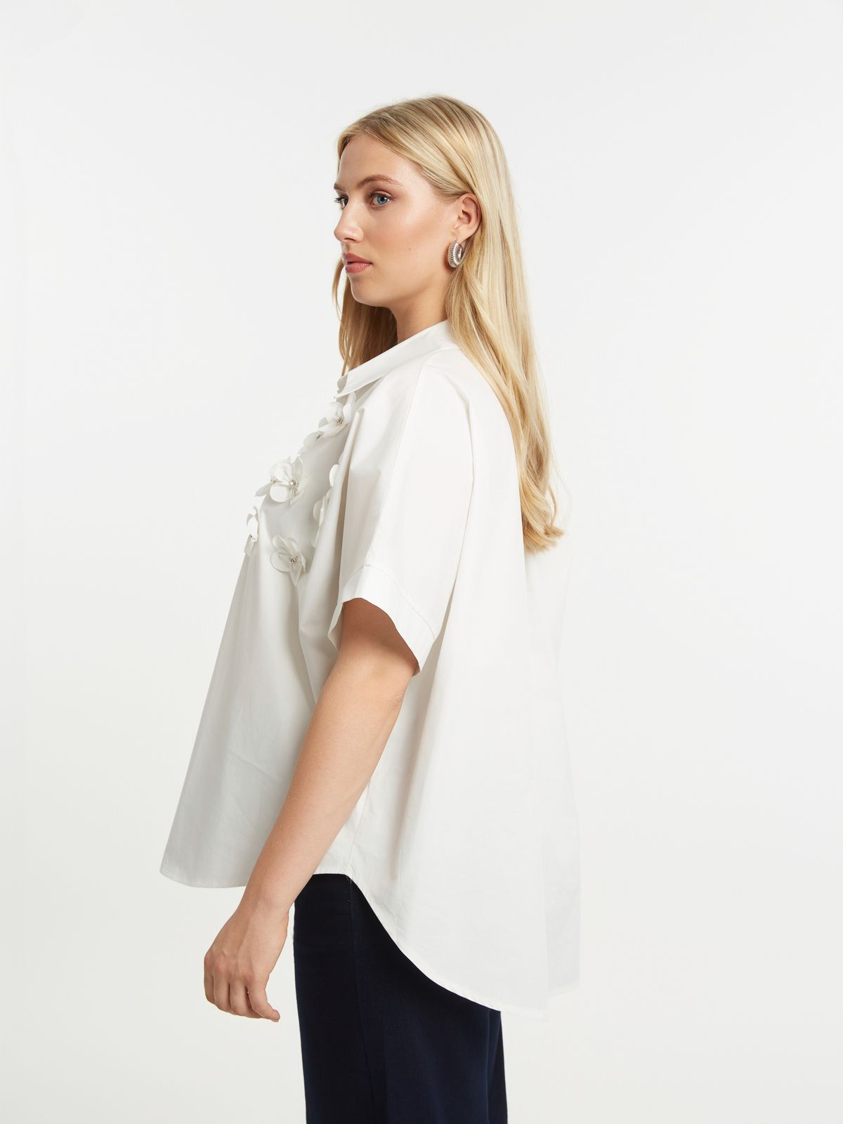 Short-sleeve embroidered cotton shirt with cutwork details