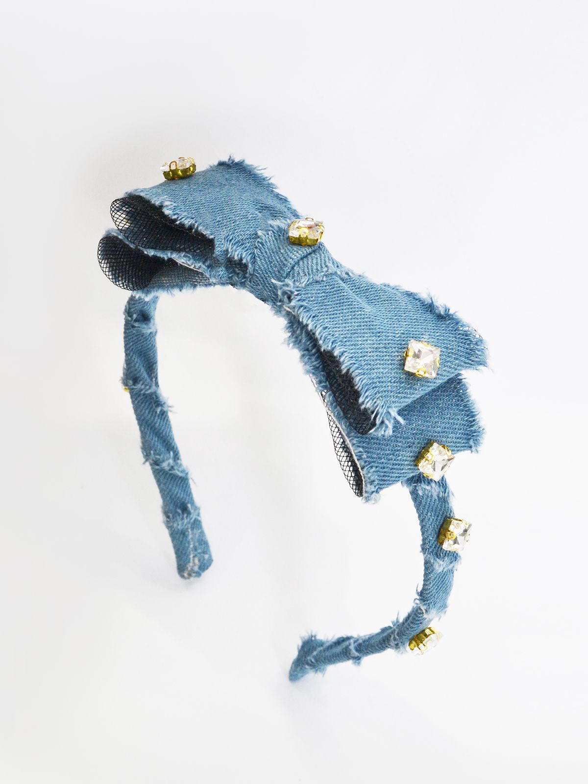 Mat Fashion Στέκα τζιν με φιόγκο και strass Μπλε