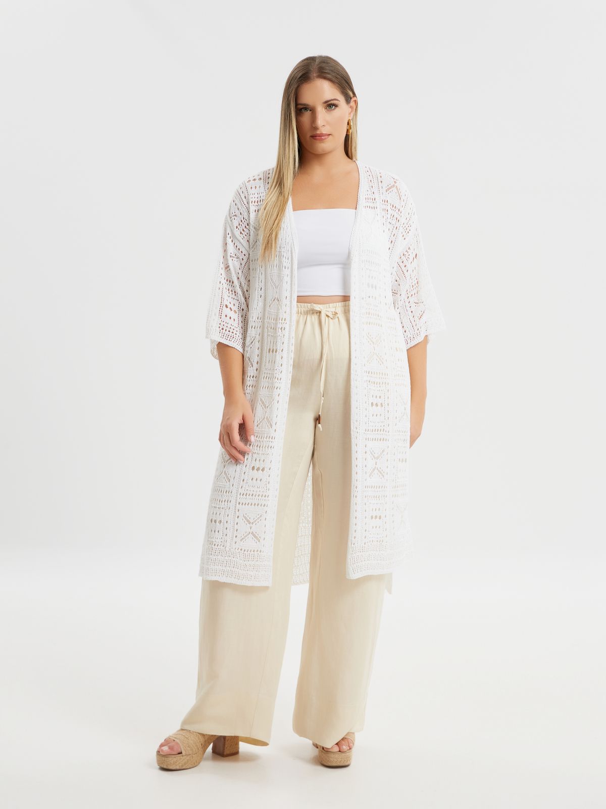 Mat Fashion Ανοιχτή ζακέτα με κροσέ πλέξη Λευκο