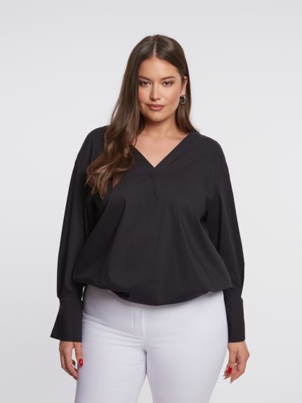 Stretch poplin V-neck long sleeve blouse