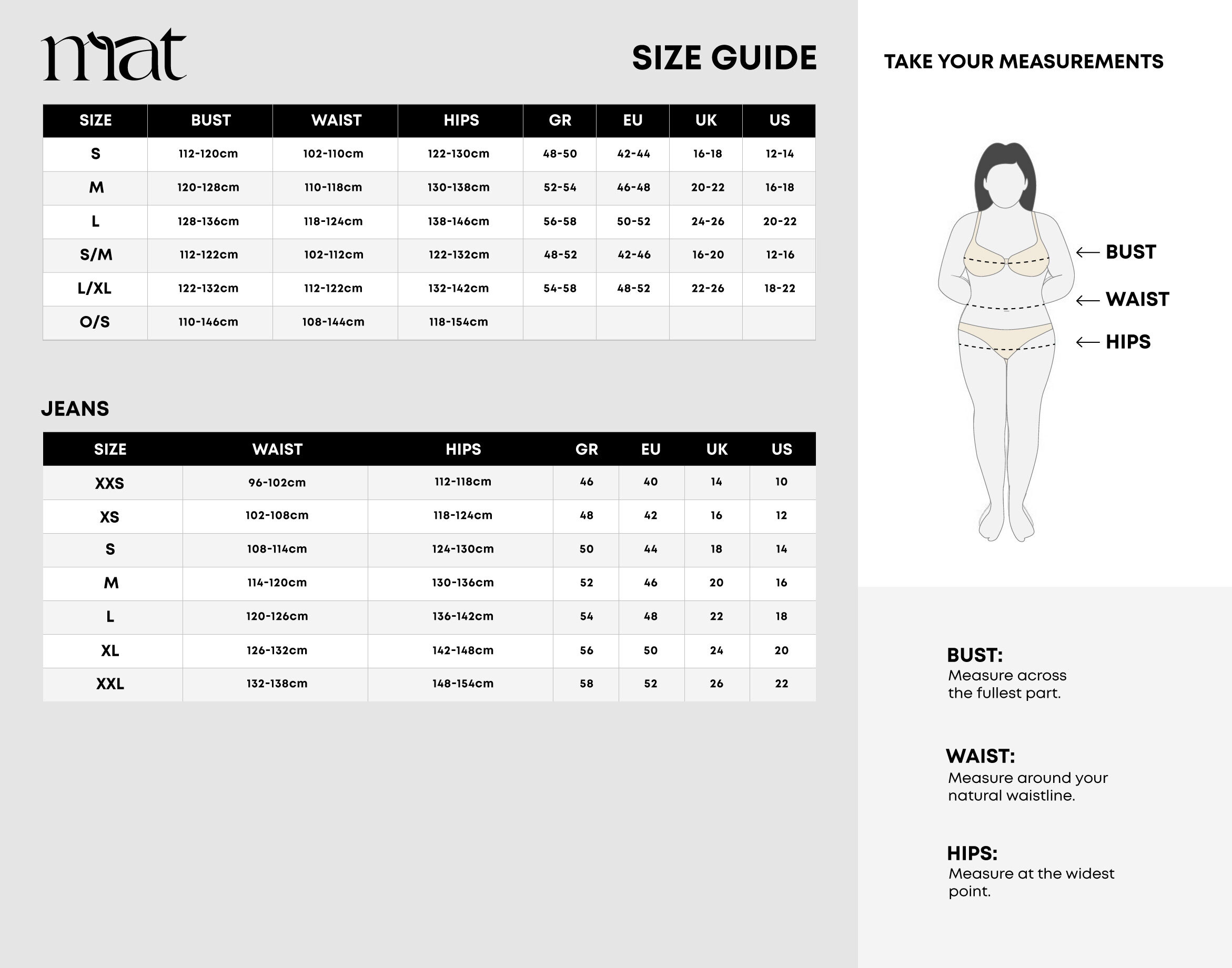 MAT FASHION SIZE GUIDE